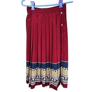 VTG‎ Liz Claiborne Pleated Midi Skirt Button Side Geometric Print Red/Blue/Tan